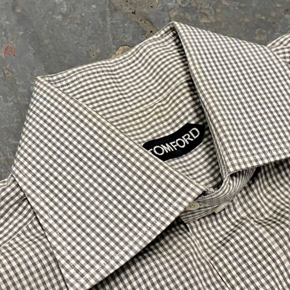 TOM FORD Gray White Cotton Micro Gingham Button Up Shirt - Picture 5 of 8
